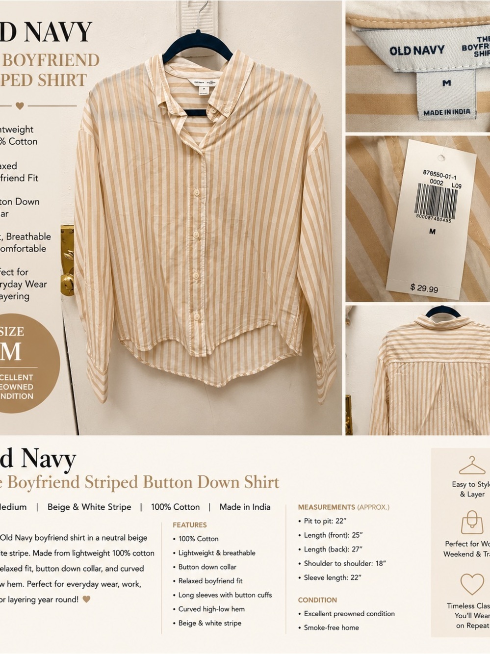 Old Navy Beige & White Vertical Stripe Boyfriend Button-Down Shirt